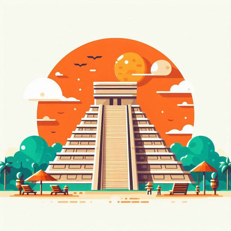 Ancient Mayan pyramid in the desert. Vector illustration in flat styleのイラスト素材