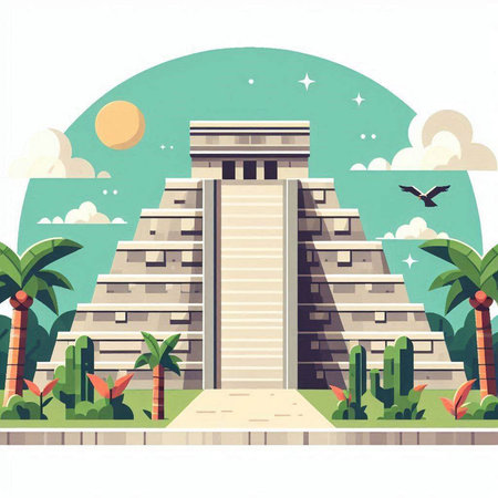 Ancient Mayan pyramid with palm trees. Vector illustration in flat style