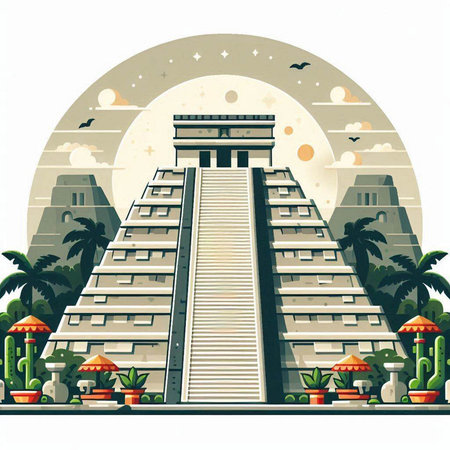 Ancient Mayan pyramid in the desert. Vector illustration in retro style.のイラスト素材