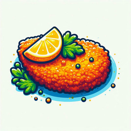 Illustration of a cutlet with lemon and parsley on a white background