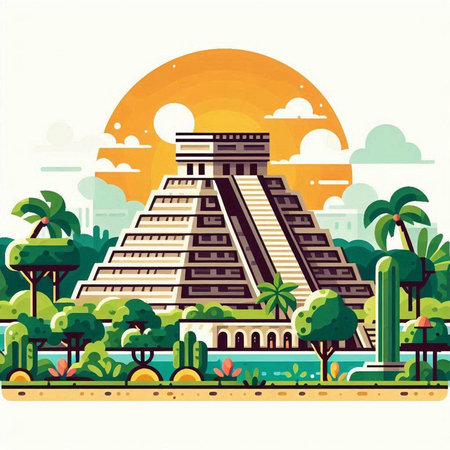 Ancient Mayan pyramid on the beach. Vector illustration in flat style