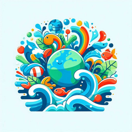 Colorful vector illustration of the planet in the sea with waves.のイラスト素材