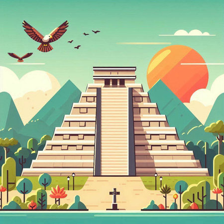 Ancient Mayan pyramid in the park. Vector illustration in flat styleのイラスト素材
