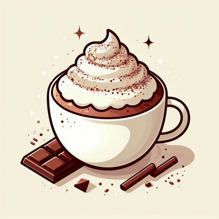 Illustration of a cup of hot chocolate with whipped cream and chocolateのイラスト素材