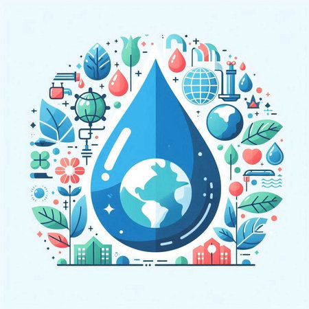 Ecology concept. Vector illustration in flat line style with water drop and icons.のイラスト素材