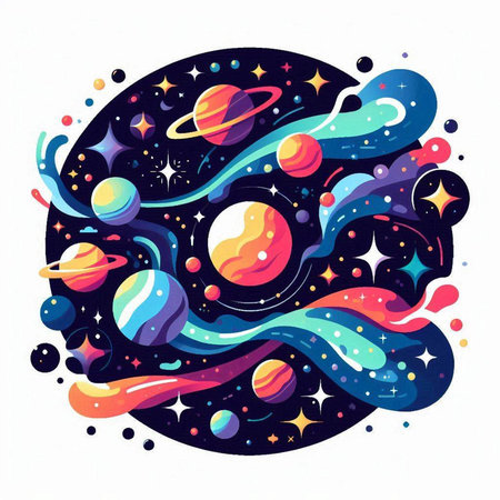 Cosmic background with planets and stars. Hand drawn vector illustration.のイラスト素材
