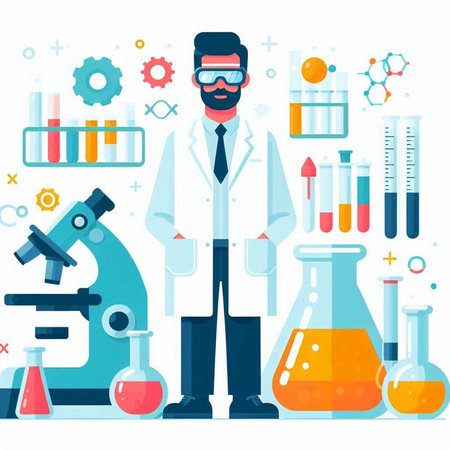 Scientist in lab coat with microscope and test tubes. Vector illustrationのイラスト素材