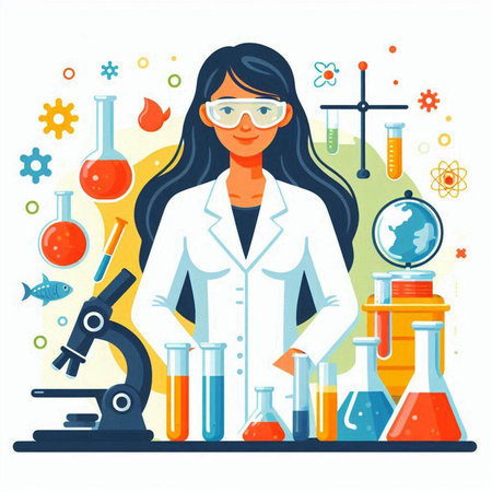 Scientist woman in lab coat and glasses working with microscope and test tubes. Flat vector illustration.のイラスト素材