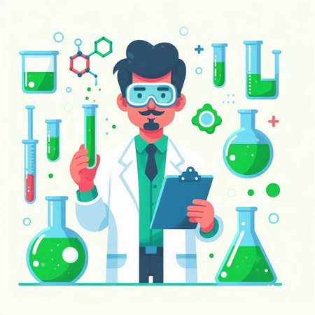 Scientist with chemical flasks. Scientist in laboratory. Vector illustration in flat style