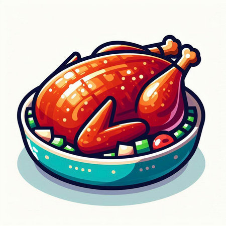 Illustration of roasted turkey in bowl on white background. Vector illustration.のイラスト素材