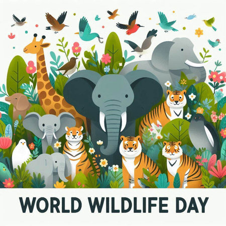 World Wildlife Day card with animals and plants. Vector illustration for your designのイラスト素材