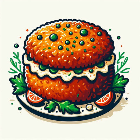 Vector illustration of a hamburger on a plate with parsley.のイラスト素材