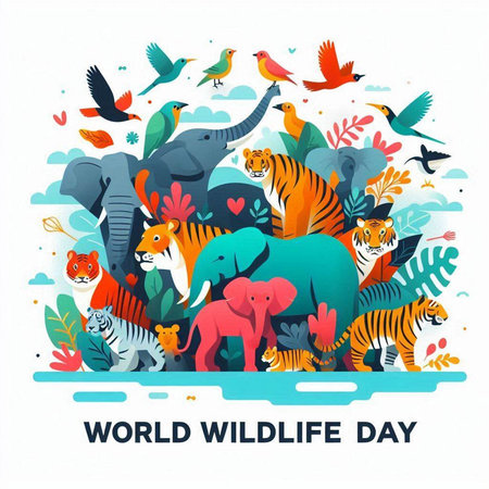 World Wildlife Day banner with wild animals and birds. Vector illustration.のイラスト素材