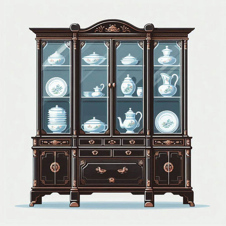 Antique cupboard with dishes and teapot. Vector illustration.のイラスト素材