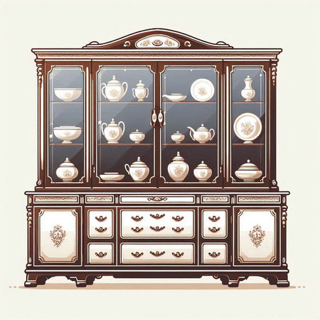 Vintage cupboard with porcelain dishes. Vector illustration.のイラスト素材
