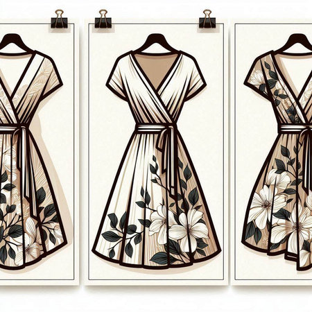 Set of vintage women's dresses with floral pattern. Vector illustration.のイラスト素材