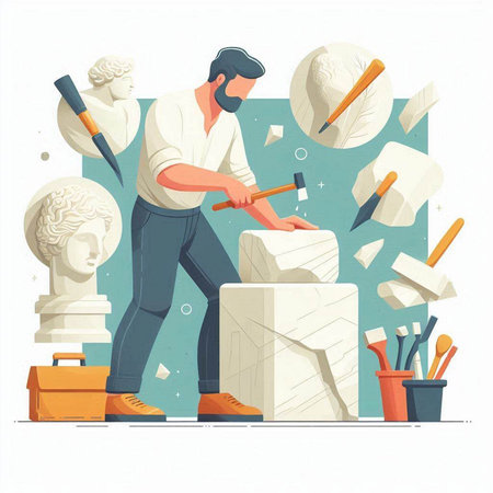Sculptor working with stone. Vector illustration in flat style