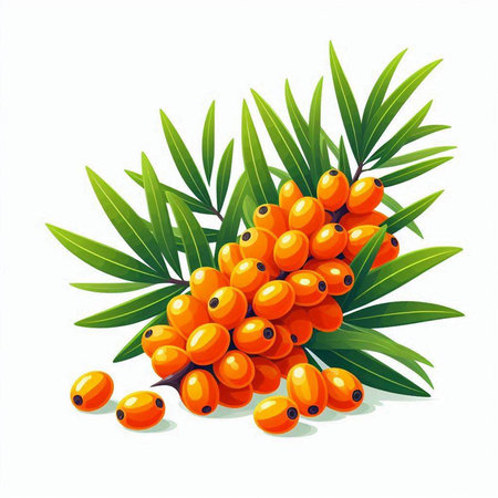 Sea buckthorn berries with leaves isolated on white background. Vector illustration.のイラスト素材