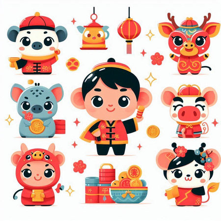 Chinese new year cute cartoon animals set. Year of the Ox.のイラスト素材