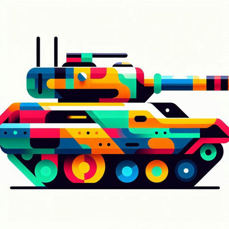 Abstract vector illustration of military tank with multicolored design elements.のイラスト素材