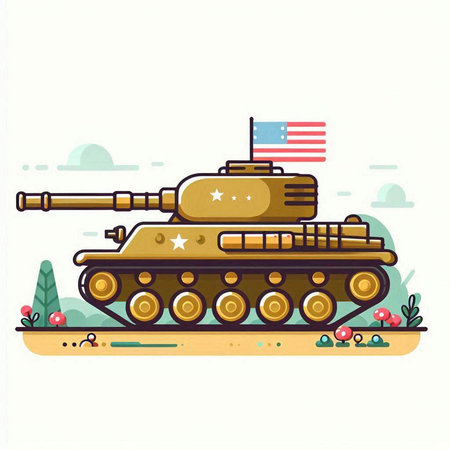 Cartoon tank on the background of the American flag. Vector illustrationのイラスト素材