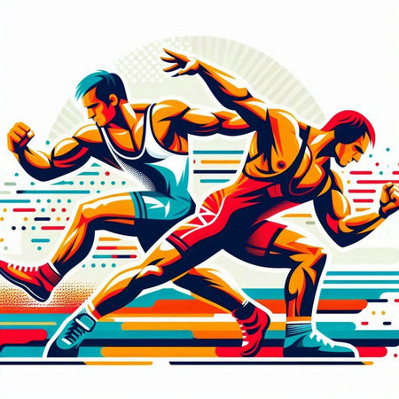 Two men running on a colorful background with stripes. Vector illustration.のイラスト素材