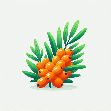 Sea buckthorn berries with green leaves. Vector illustration in cartoon style.のイラスト素材