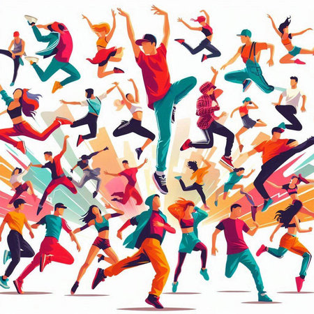 Jumping people. Vector illustration of a group of dancing people.のイラスト素材