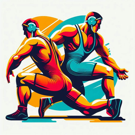 Two men running in front of a colorful background. Vector illustration.のイラスト素材