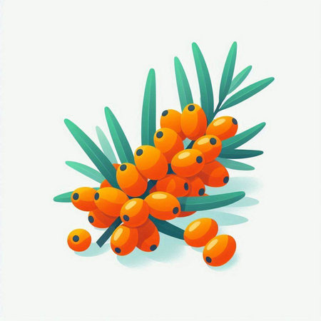 Branch of sea buckthorn berries with green leaves. Vector illustration.のイラスト素材