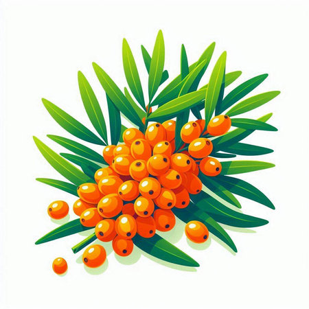 Sea buckthorn berries with green leaves isolated on white background. Vector illustration.のイラスト素材