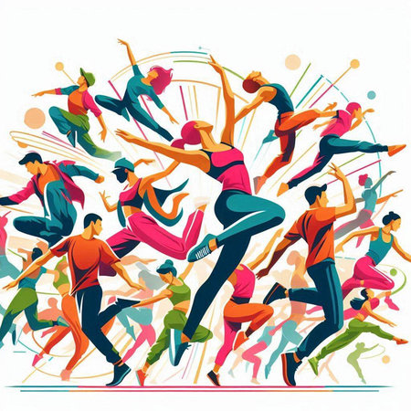 Illustration of a group of dancing people in motion. Vector illustration.のイラスト素材
