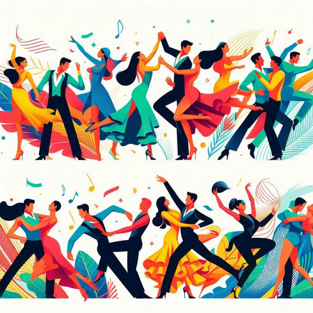 Crowd of dancing people. Colorful vector illustration in flat style.のイラスト素材