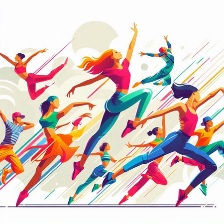 Sport illustration. Group of young people jumping and dancing. Vector illustration.