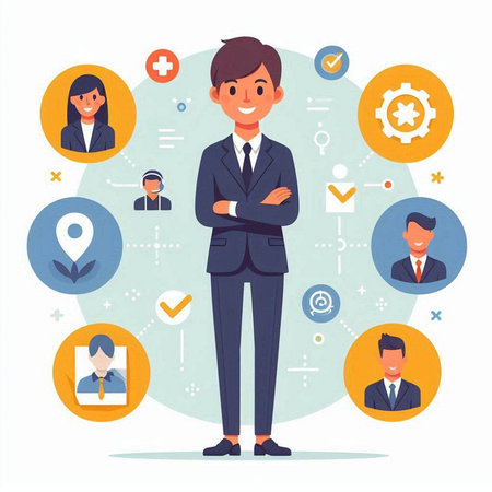 Businessman character in flat style. Vector illustration. Businessman in a business suit.のイラスト素材