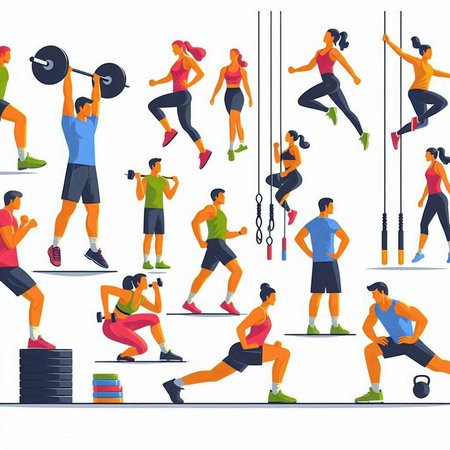 Vector illustration of a group of people doing sports in the gym.のイラスト素材