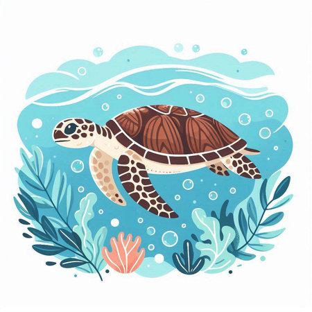 Cute cartoon sea turtle in the water. Vector illustration on white background.のイラスト素材