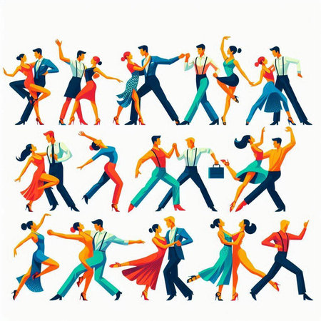 Dancing people in various poses and actions. Vector illustration of dancing people.