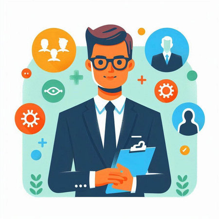 Vector illustration of a man in a business suit with a clipboard in his hands. Flat style.のイラスト素材
