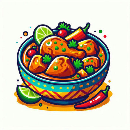 Indian food vector illustration. Traditional indian dish with chicken and vegetables.のイラスト素材
