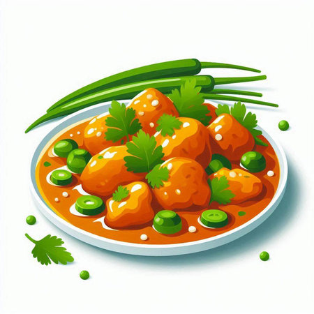 Illustration of a bowl of spicy chicken with green peas and parsleyのイラスト素材