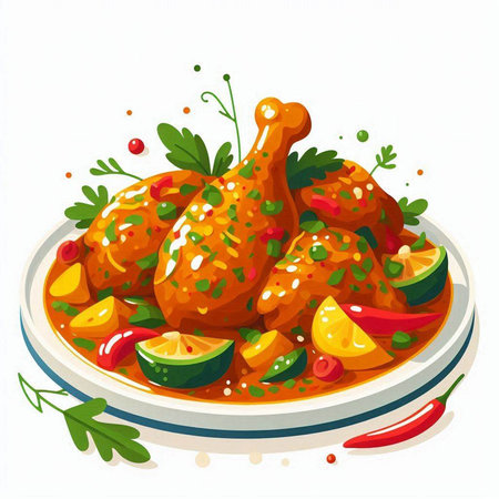 Chicken tikka masala. Indian cuisine. Vector illustration.のイラスト素材