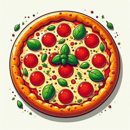Pizza with tomato, mozzarella and basil. Vector illustrationのイラスト素材