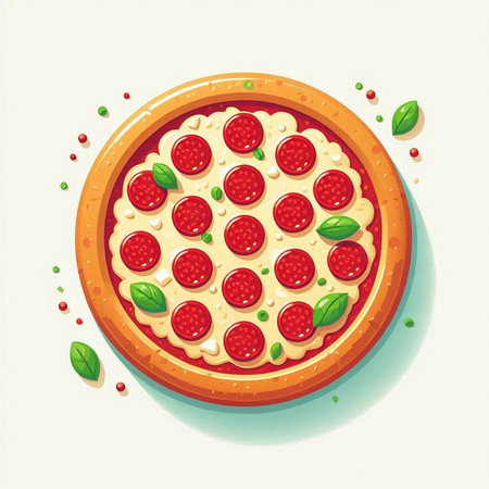 Pizza with salami, mozzarella and basil. Vector illustrationのイラスト素材