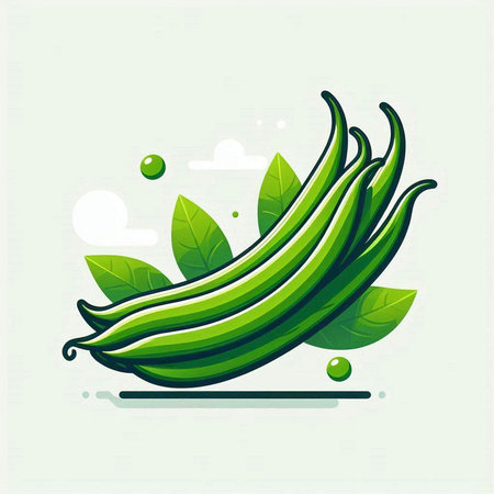 Green beans with leaves on light background. Vector illustration. Eps 10.