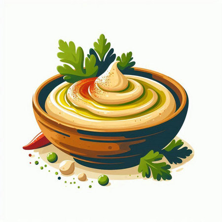 Illustration of hummus in bowl with parsley and chili pepperのイラスト素材