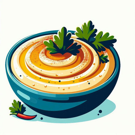 Bowl of hummus with parsley and paprika, vector illustrationのイラスト素材