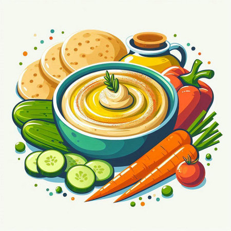 Vector illustration of hummus in bowl with fresh vegetables and olive oilのイラスト素材