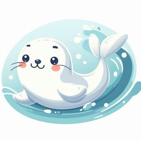 Illustration of a Cute White Seal Floating in Water on a White Backgroundのイラスト素材