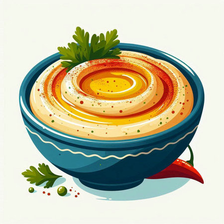 Illustration of a bowl of hummus with paprika and parsleyのイラスト素材